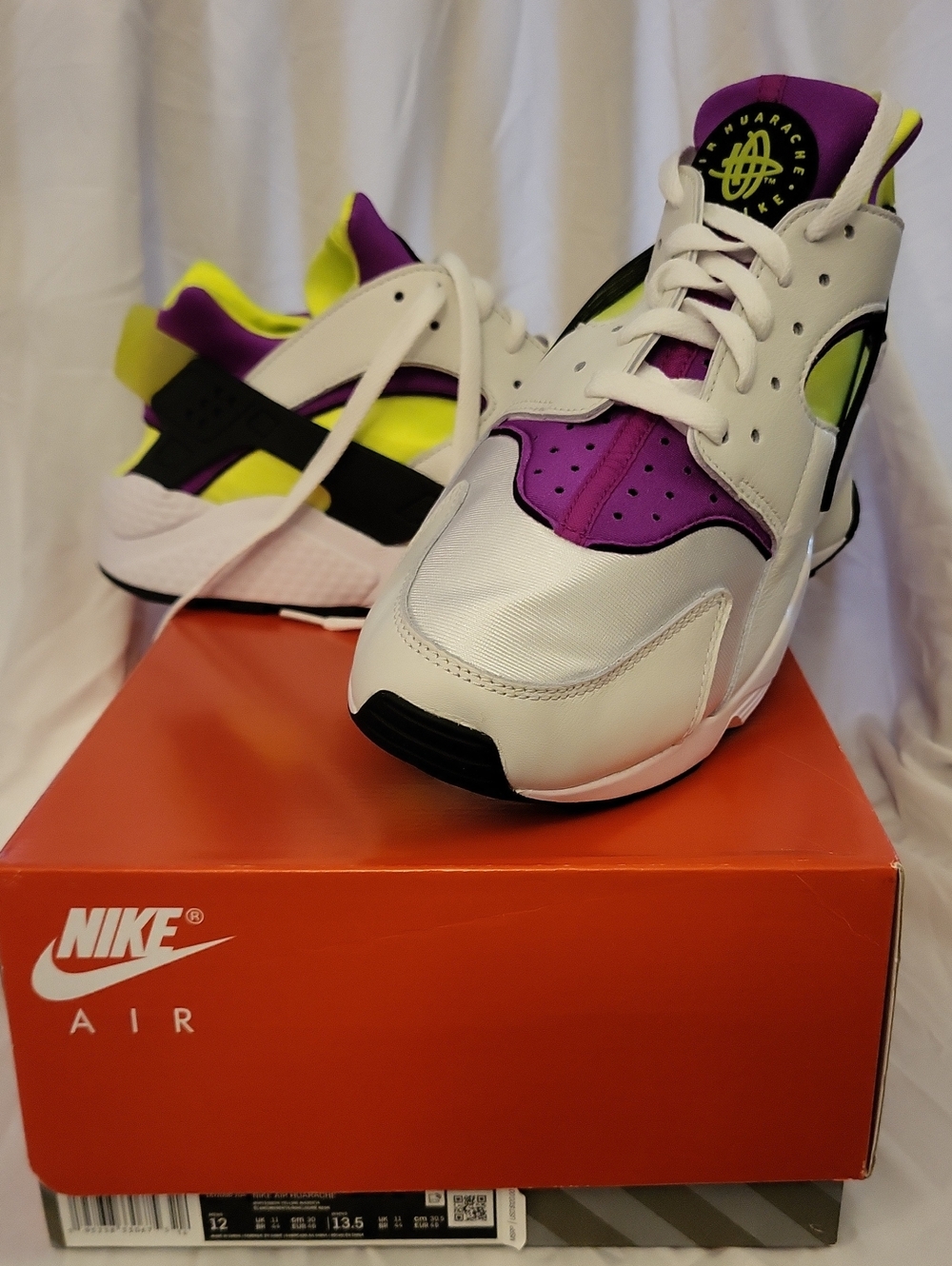 Nike Men's Air Huarache Sneakers - White / Purple / Neon Yellow